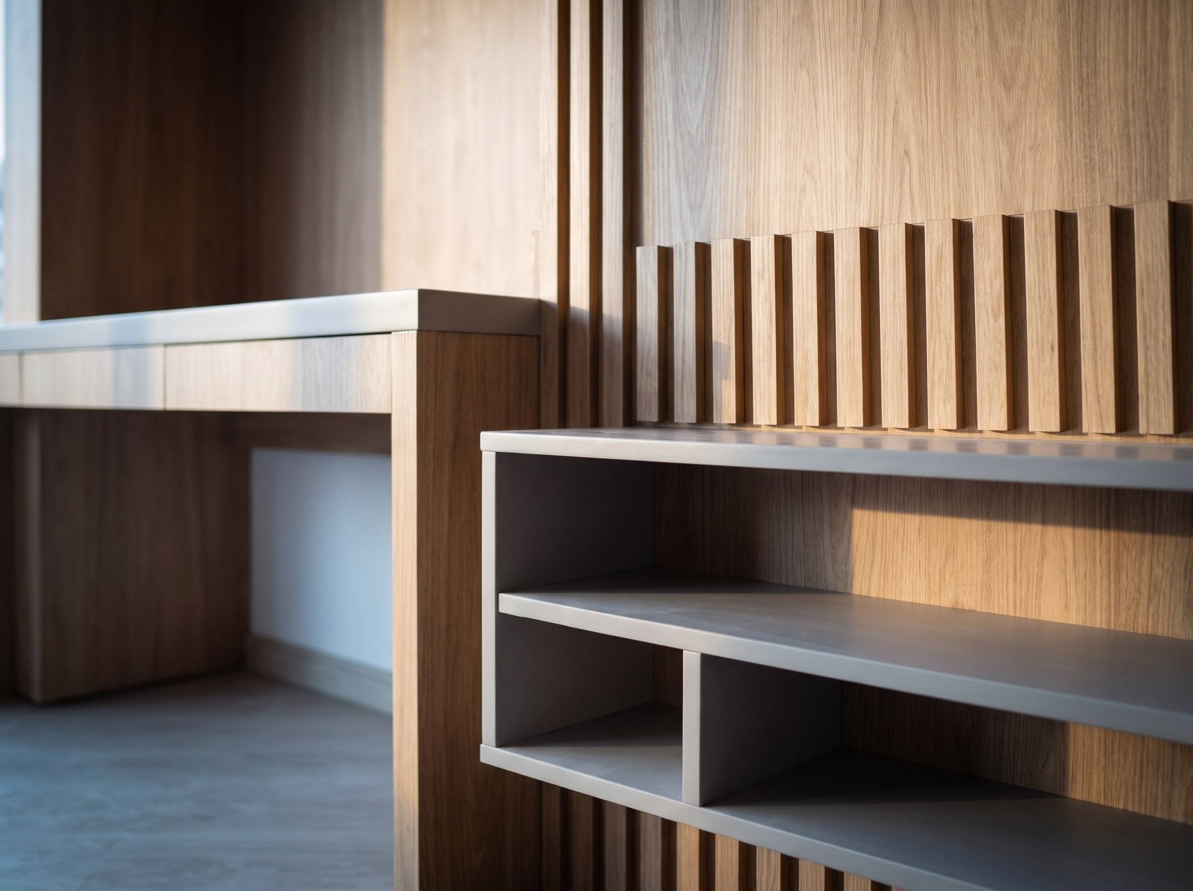 Repisas grises sobre un panel de madera con listones verticales; al fondo, un escritorio en madera.