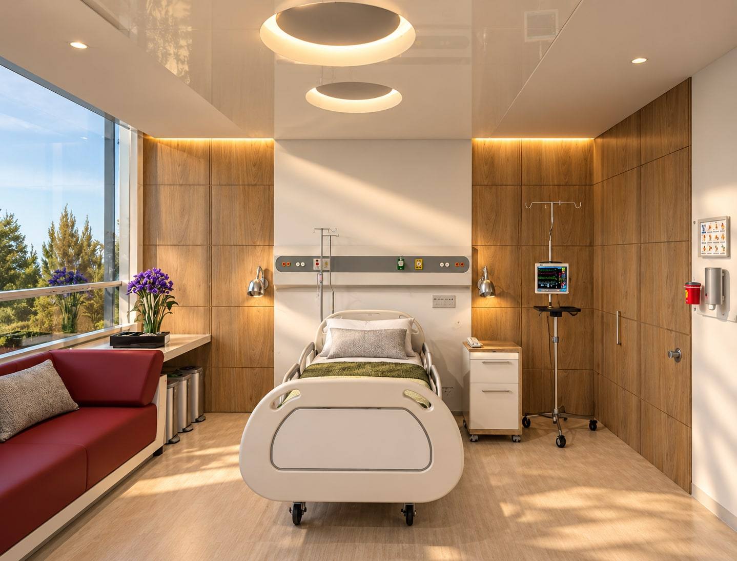 Habitación hospitalaria con muebles y muros en madera.
