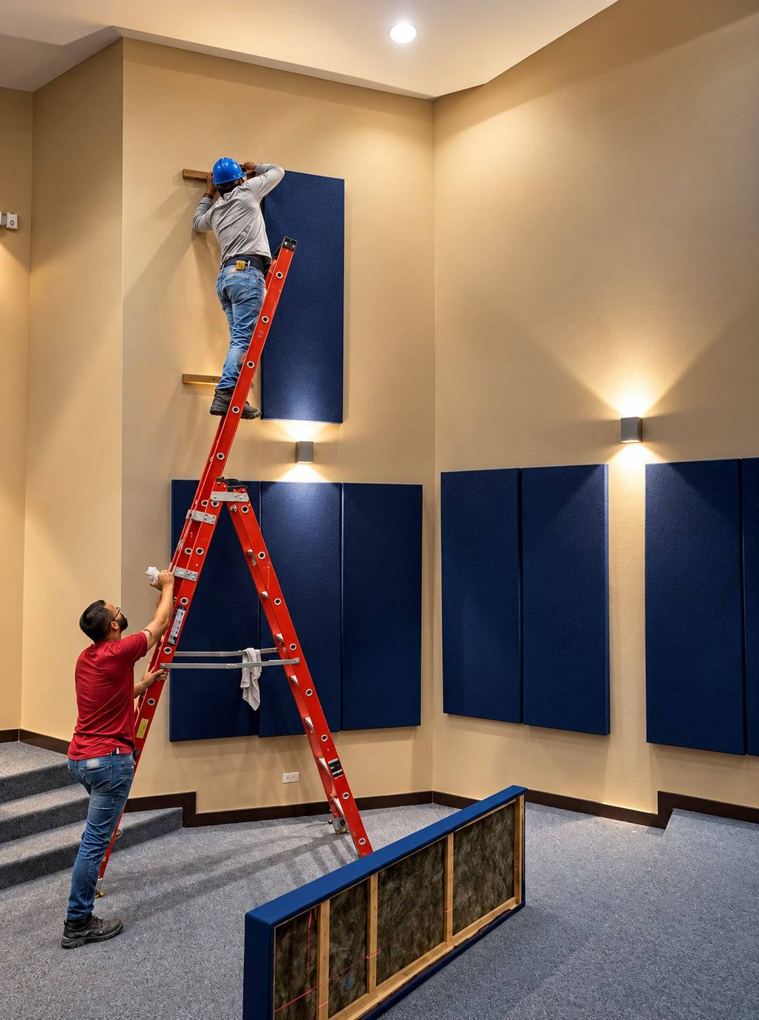Instalador en lo alto de una escalera roja fijando un panel acústico azul en un muro de auditorio.