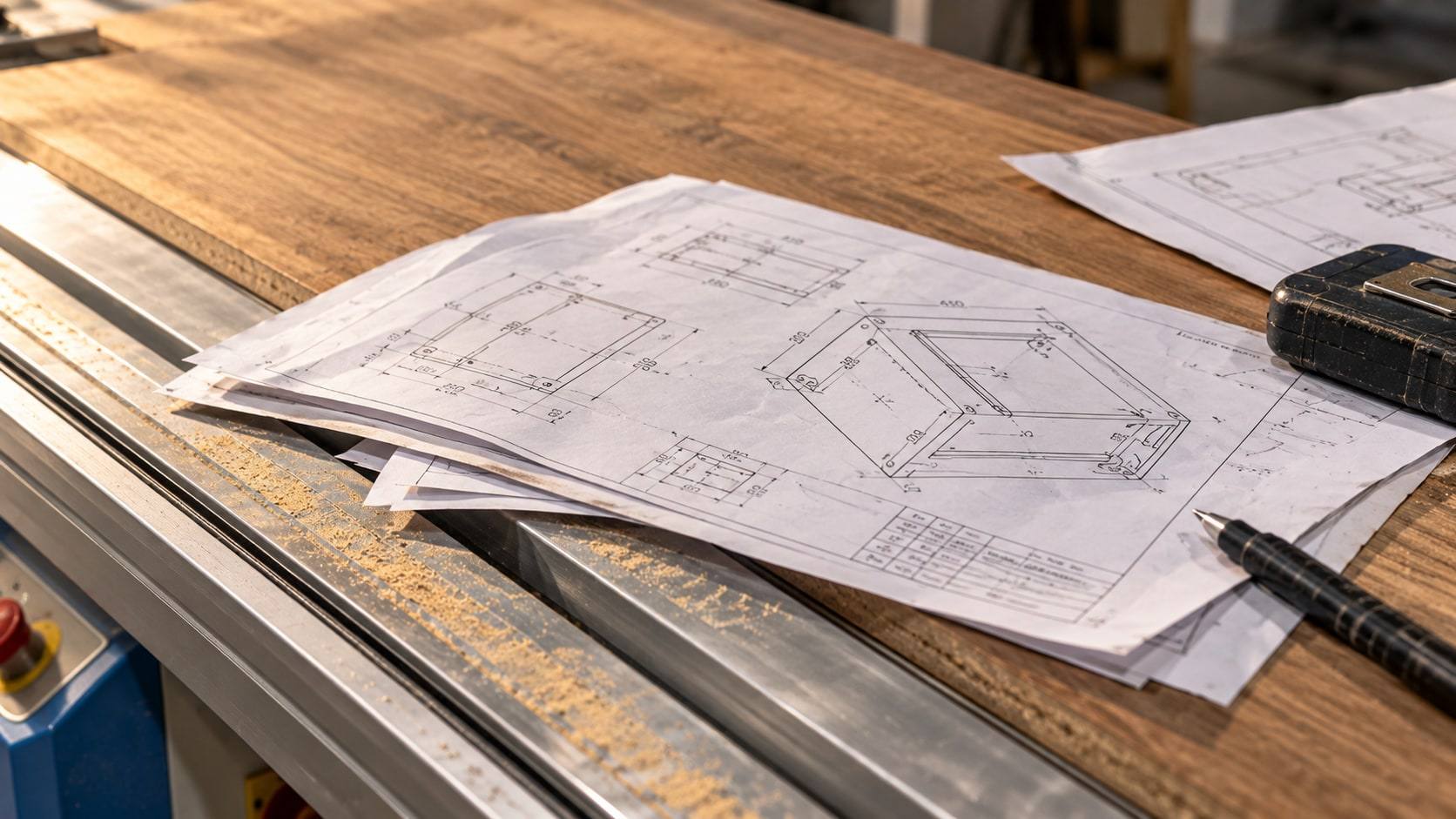 Planos de un mueble sobre una pieza en el taller.